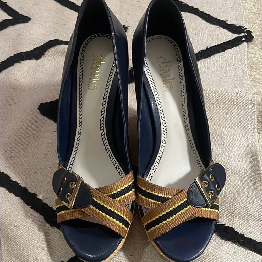 Charles David Blue and Brown Wedges with Geometric Design